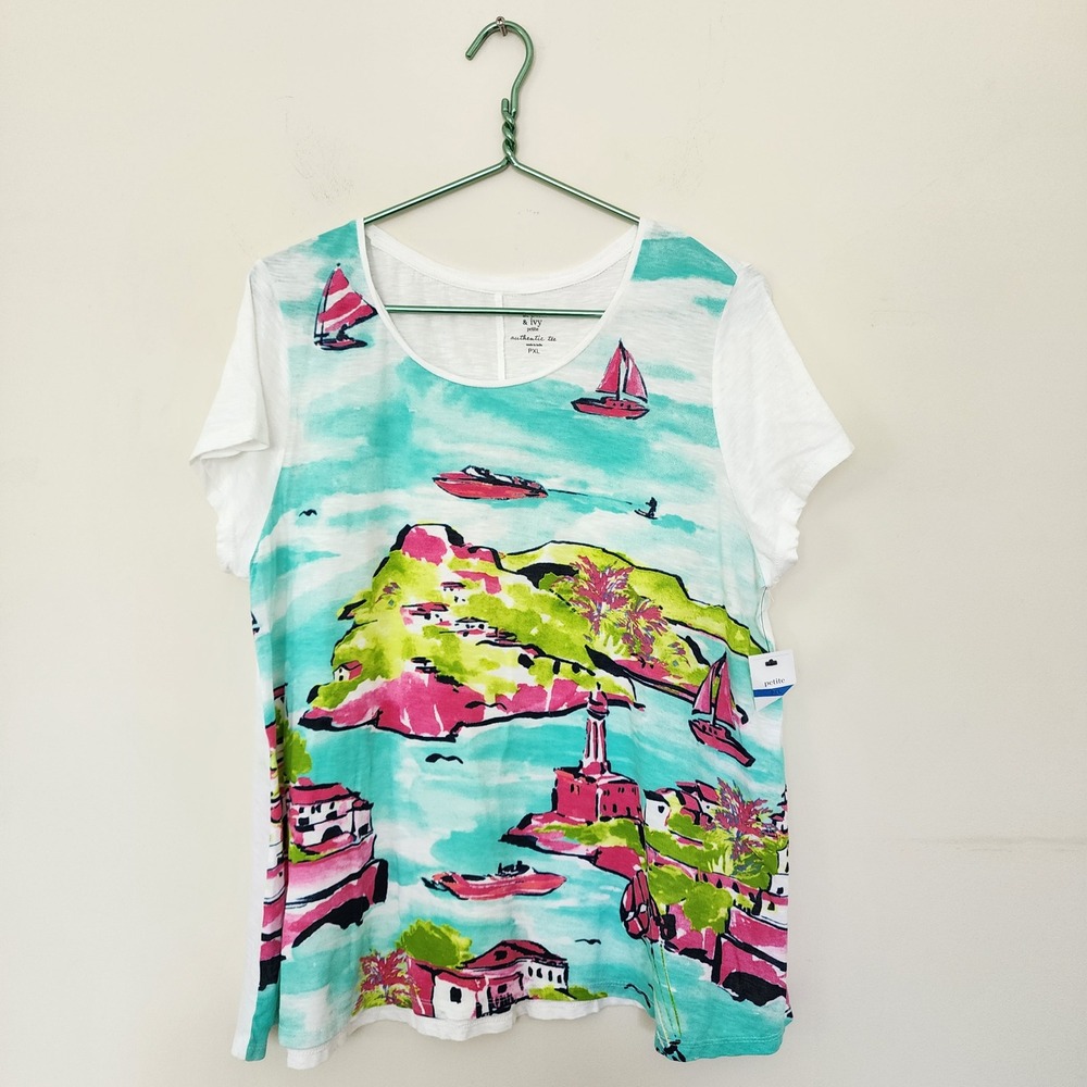 Crown & Ivy Petite Authentic Tee PXL White Coastal Sailboat Graphic T-Shirt NWT